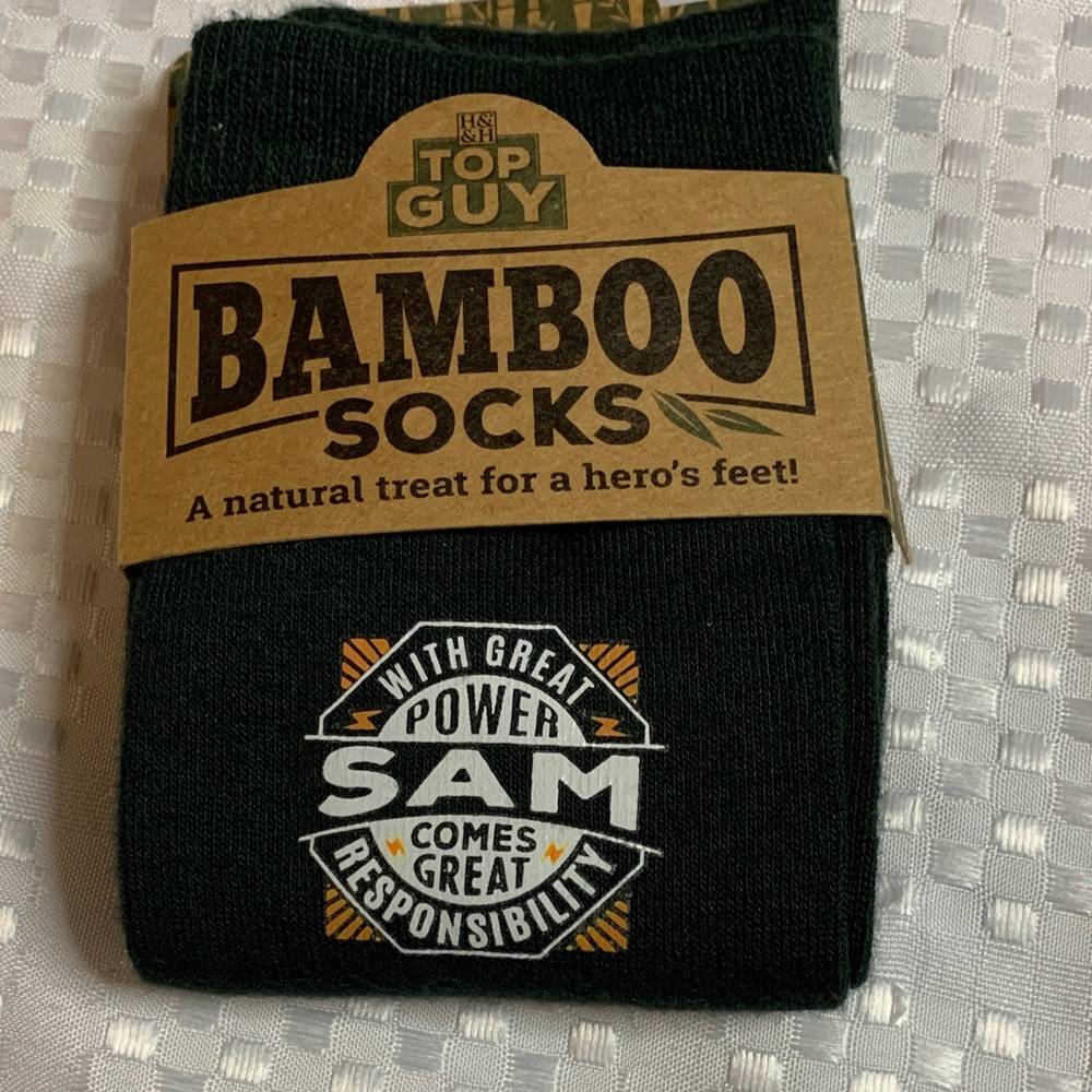 Top Guy  Bamboo Socks personalized with the name Sam, size 7-12.